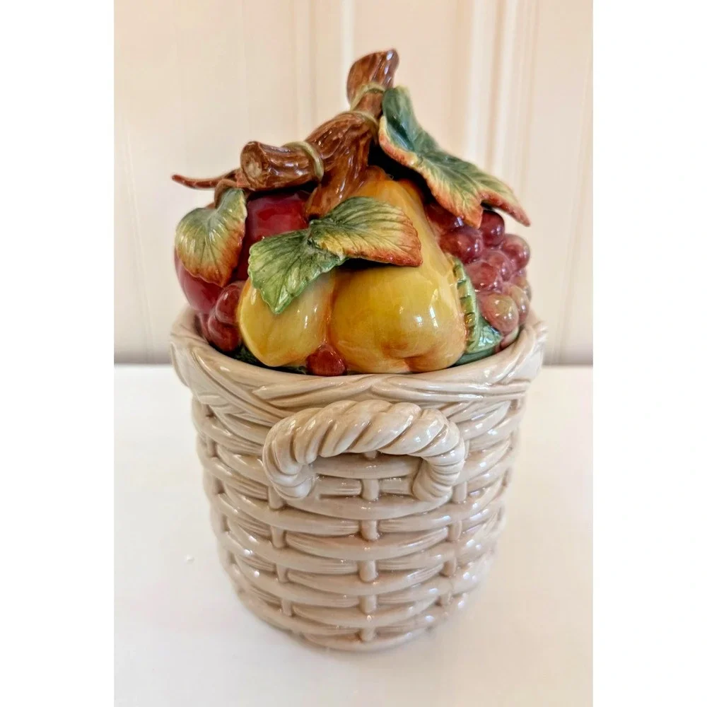 Fitz‎ And Floyd Country Gourmet Biscuit Jar Fruit Basket Cookie Lidded With Box